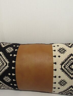 Southwestern Tribal Lumbar Pillow 14x22 w/Insert Faux Leather Black-White Aztec
